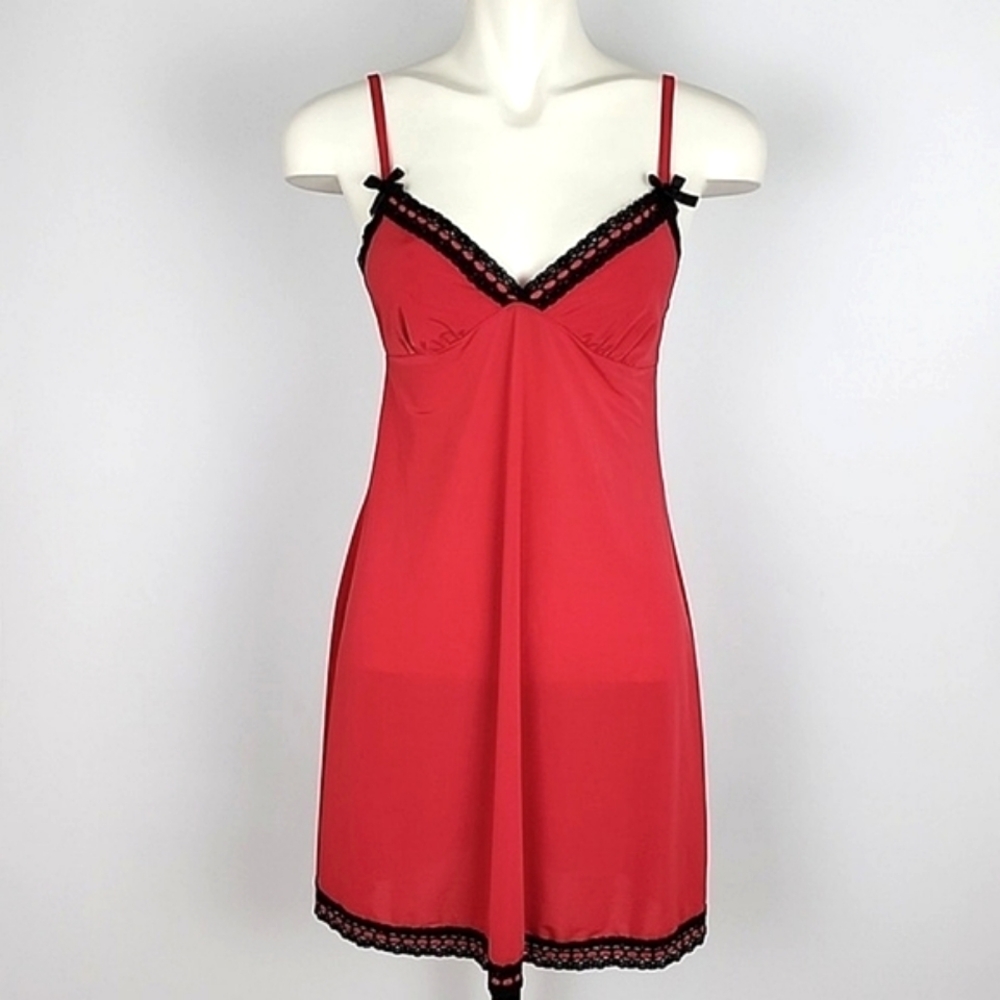 La Senza Red Slip Dress Black Lace Trim Semi Sheer Smooth Stretch Size Small